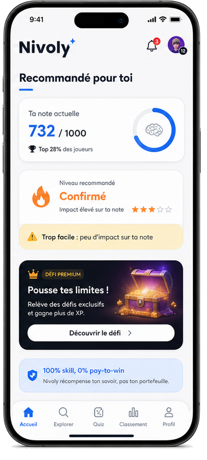 Écran Recommandé pour toi avec la note actuelle 732 sur 1000