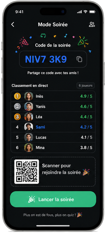 Mode Soirée Nivoly avec code de partie, QR code et classement en direct