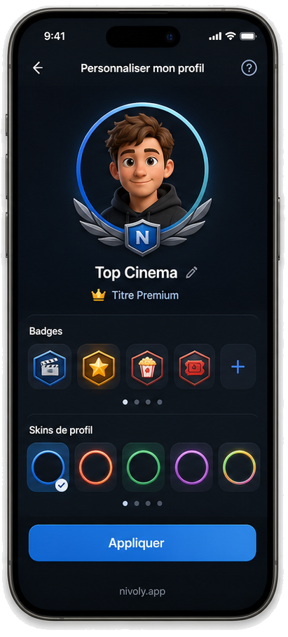 Personnalisation du profil Nivoly : avatar, badges et skins