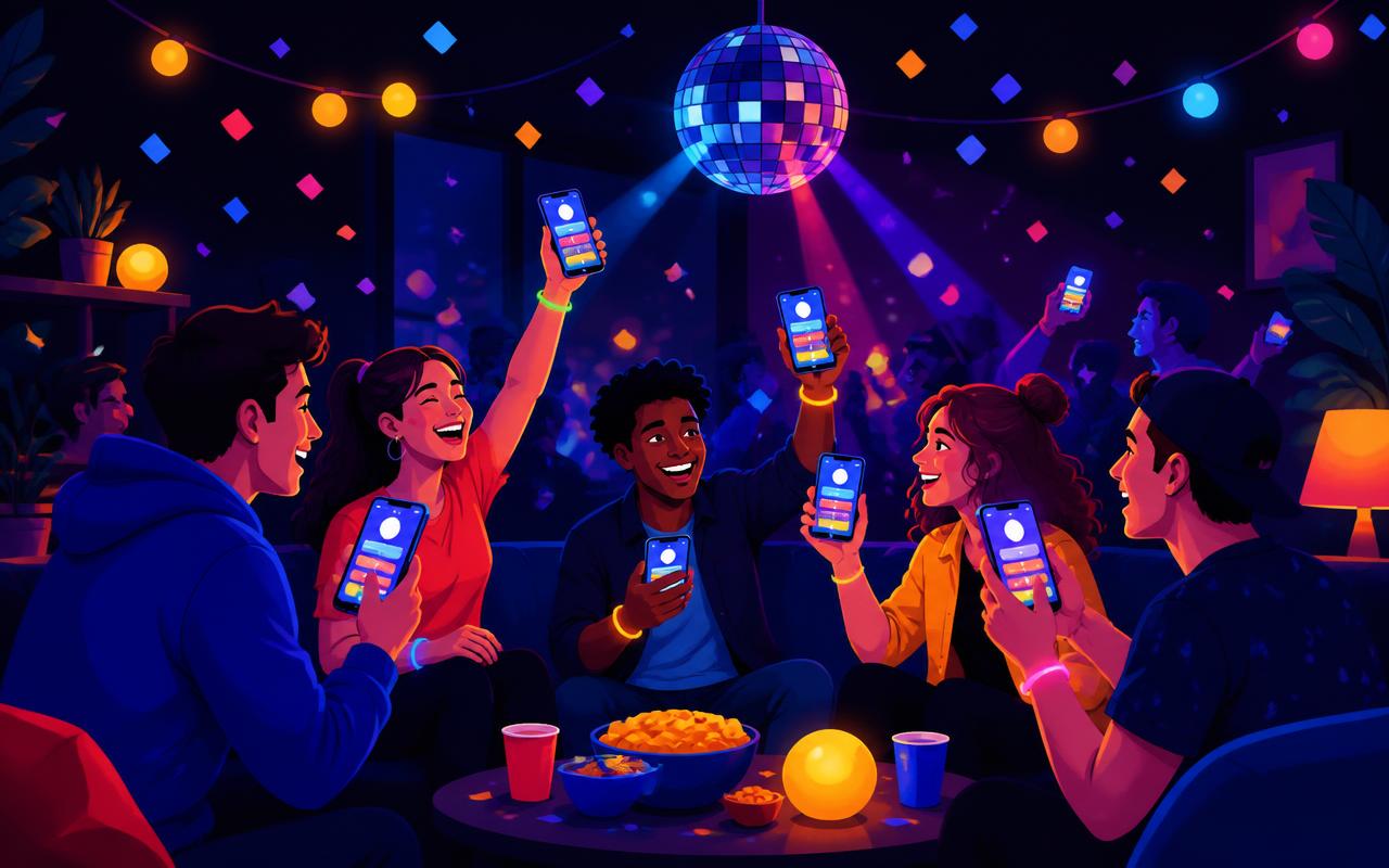 Groupe d'amis en soirée jouant ensemble à Nivoly sur leurs téléphones
